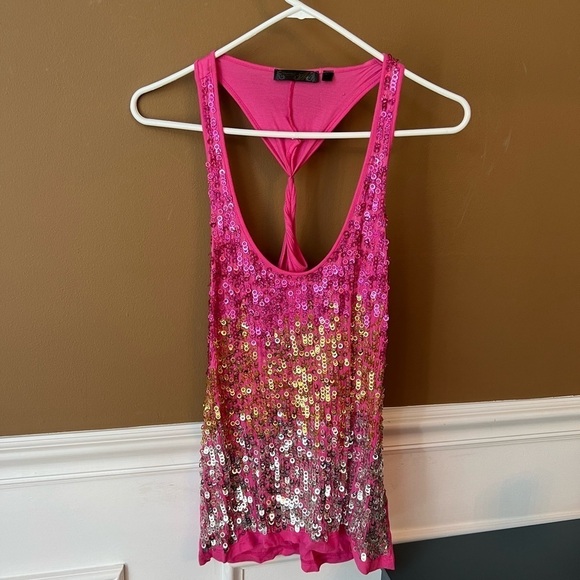 mandee Tops - Mandee Women’s Pink Silver Gold Sequin Tank Top Twist Back Size Large Y2K Club